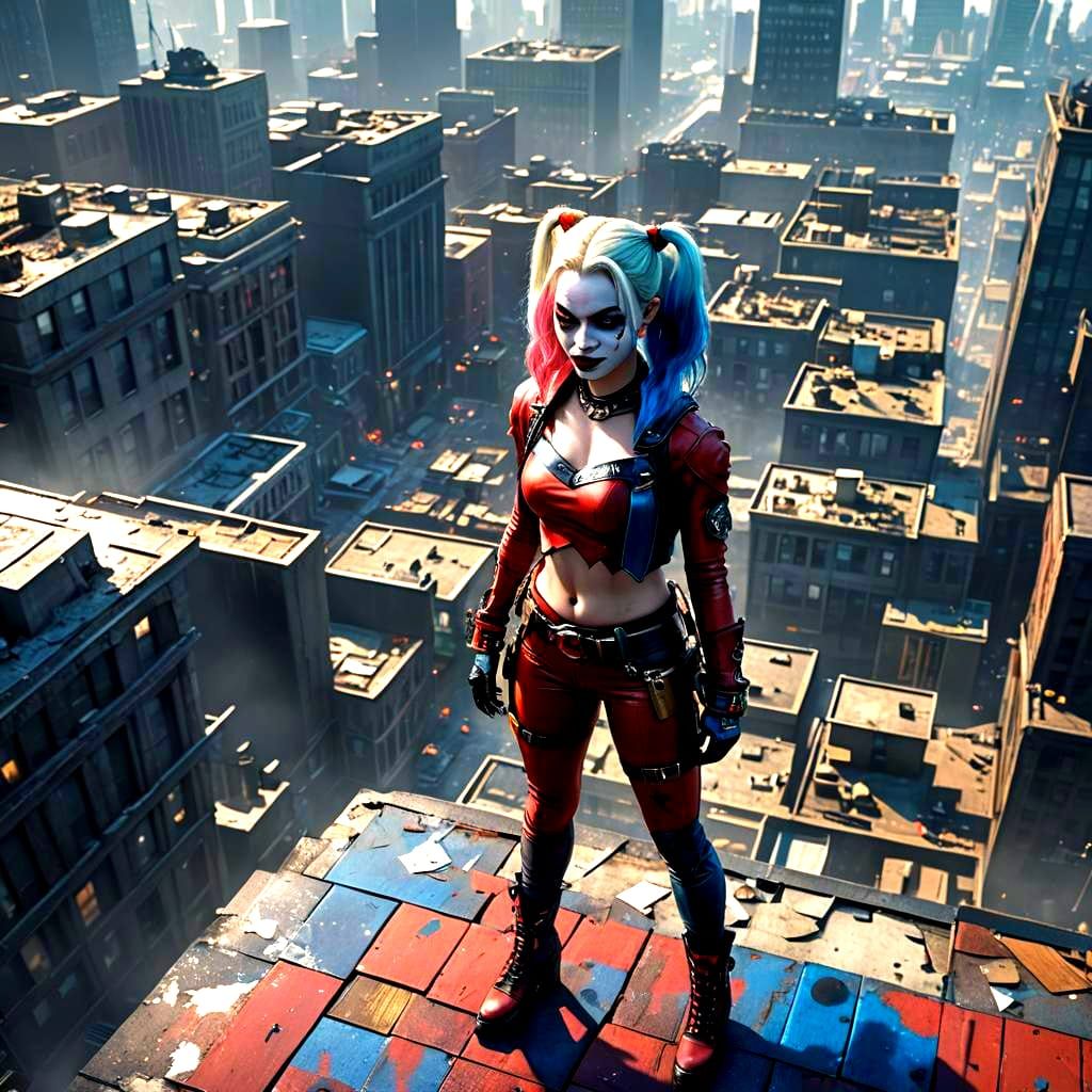 Harley Quinn on Gotham Rooftop: Detailed Matte Painting