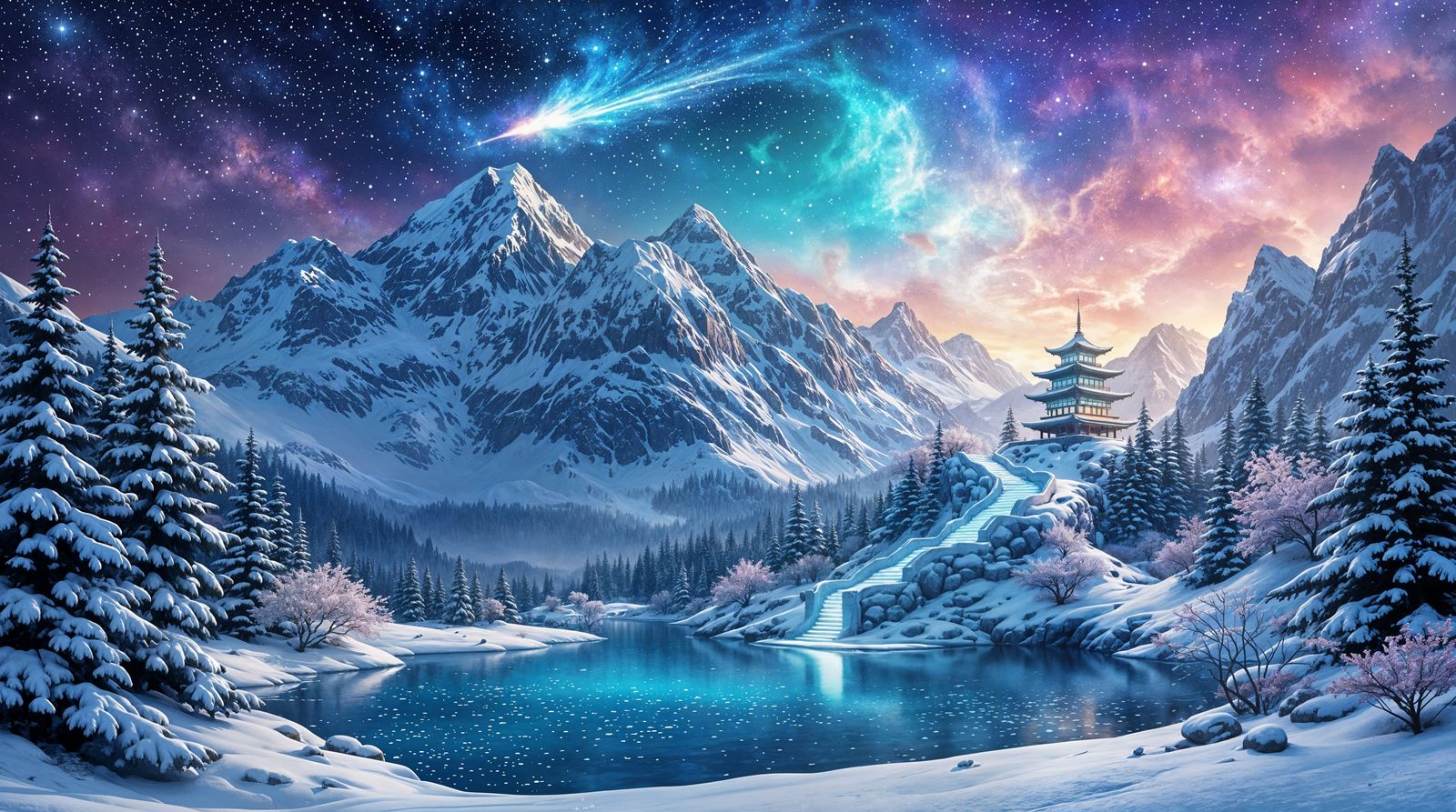 Winter Pagoda Under Starlight in Dreamlike Impressionistic S...