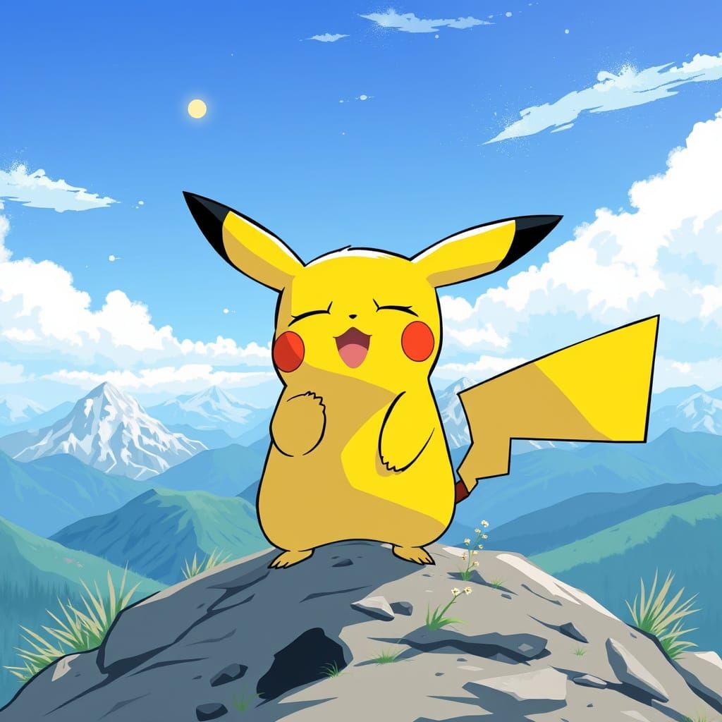 Pikachu Surprised on a Mountain Peak