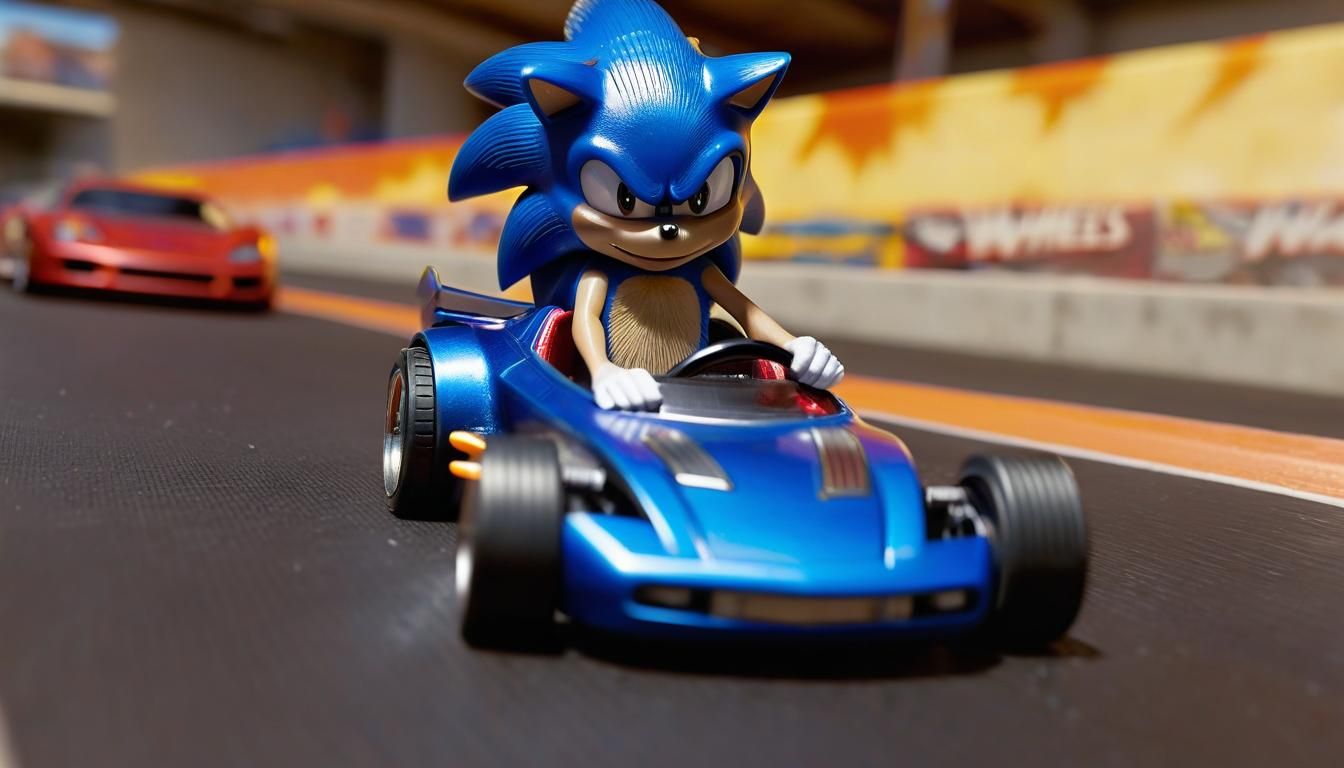 Sonic and Pikachu in Hot Wheels Car, Hyperrealistic Render