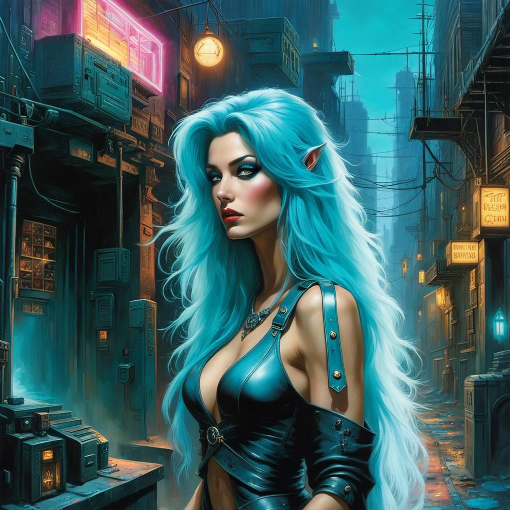 Cyberpunk Elf in Neon Cityscape: 80s Comic Art