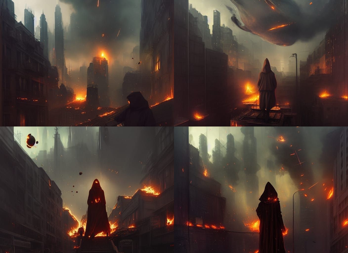 Burning Dieselpunk Cityscape with Falling Asteroids