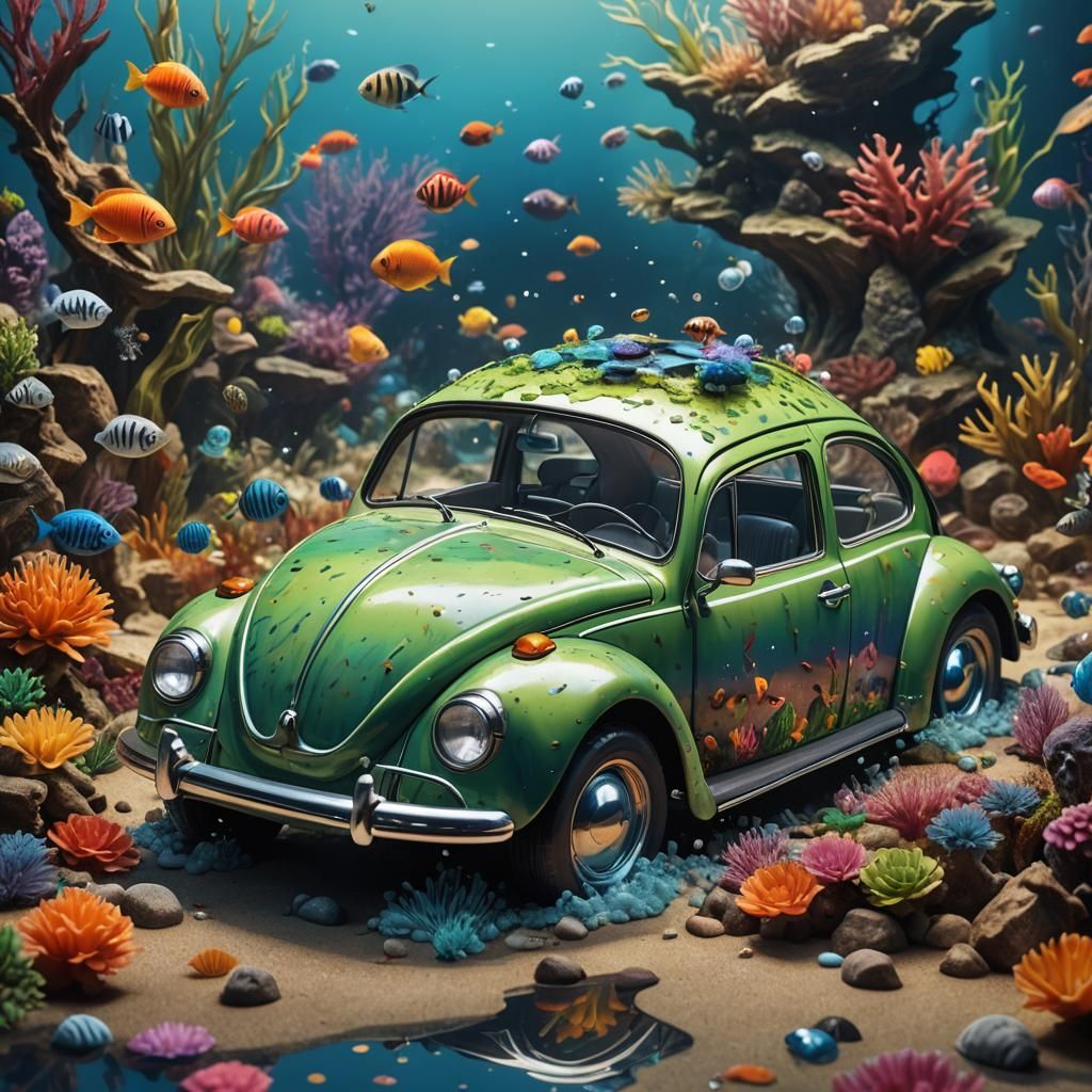 Volkswagen Beetle Aquarium in Splash Art Style