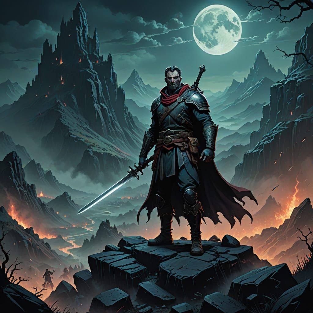 Last Man Standing in Dark Fantasy Landscape, RPG Vintage Sty...