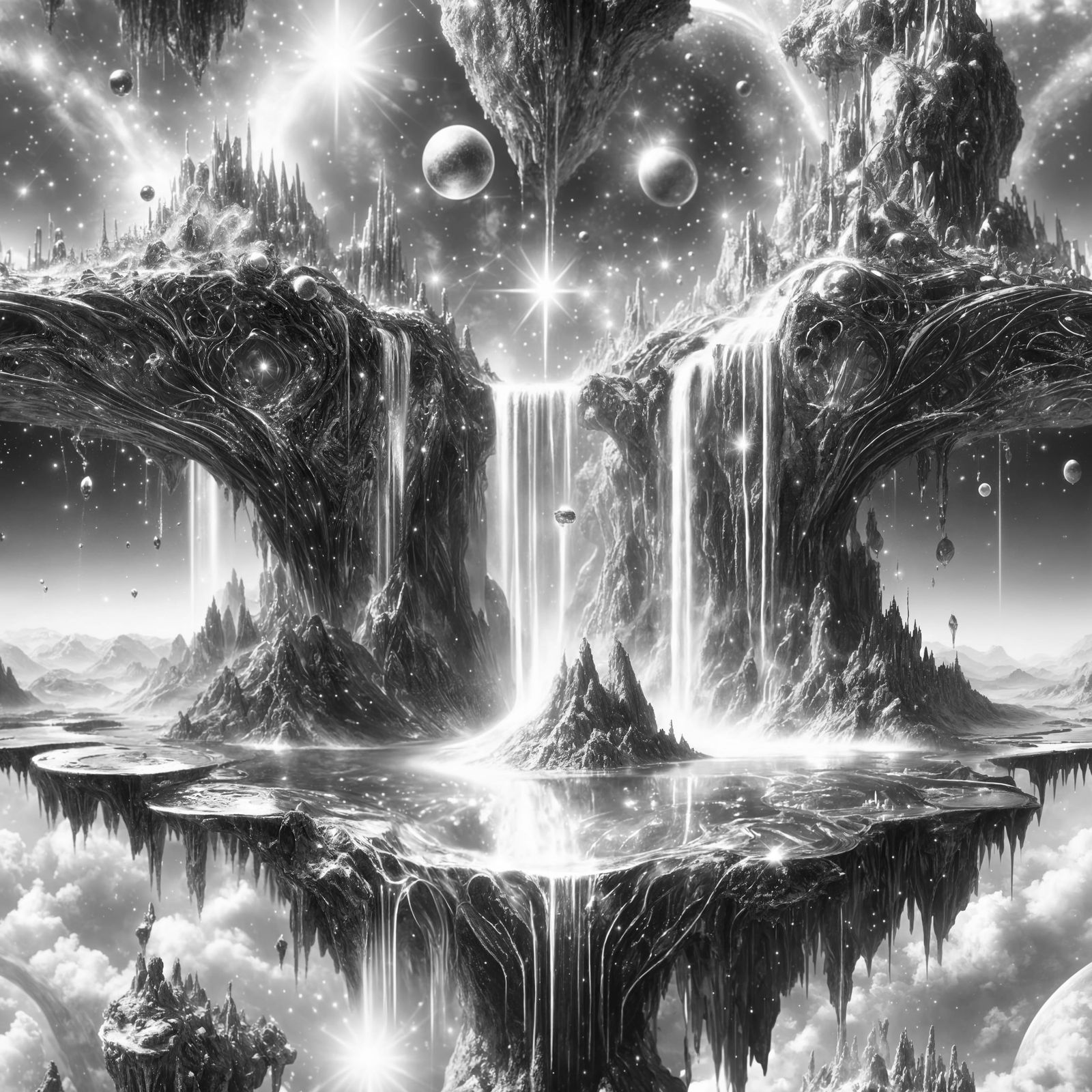 Radiant Futuristic Landscape with Sparkling Pools