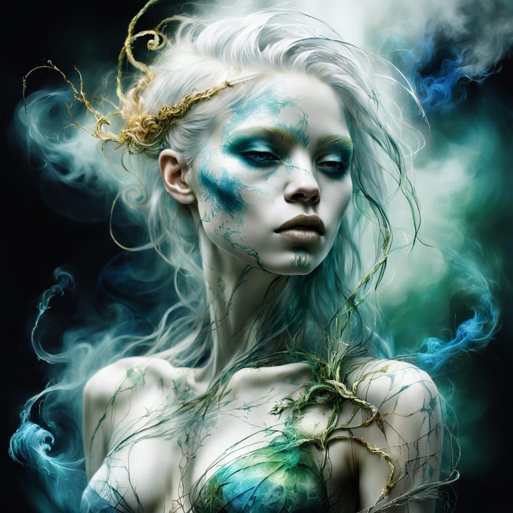 Surreal Dark Fantasy Scene with Enchanted Woman and Ethereal...