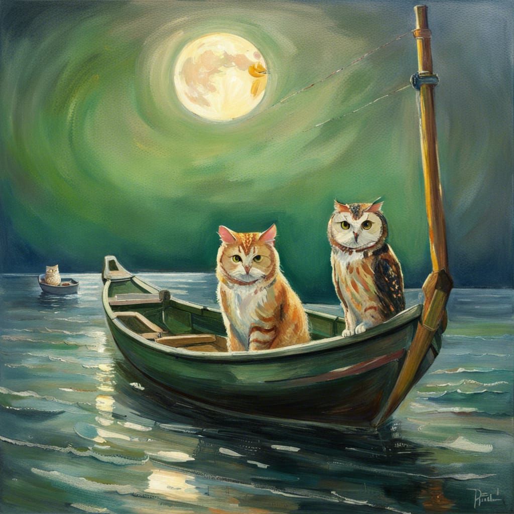 Cat and Owl Sail on Moonlit Sea