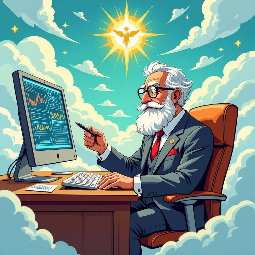God Monitors Finances in Cartoon Style
