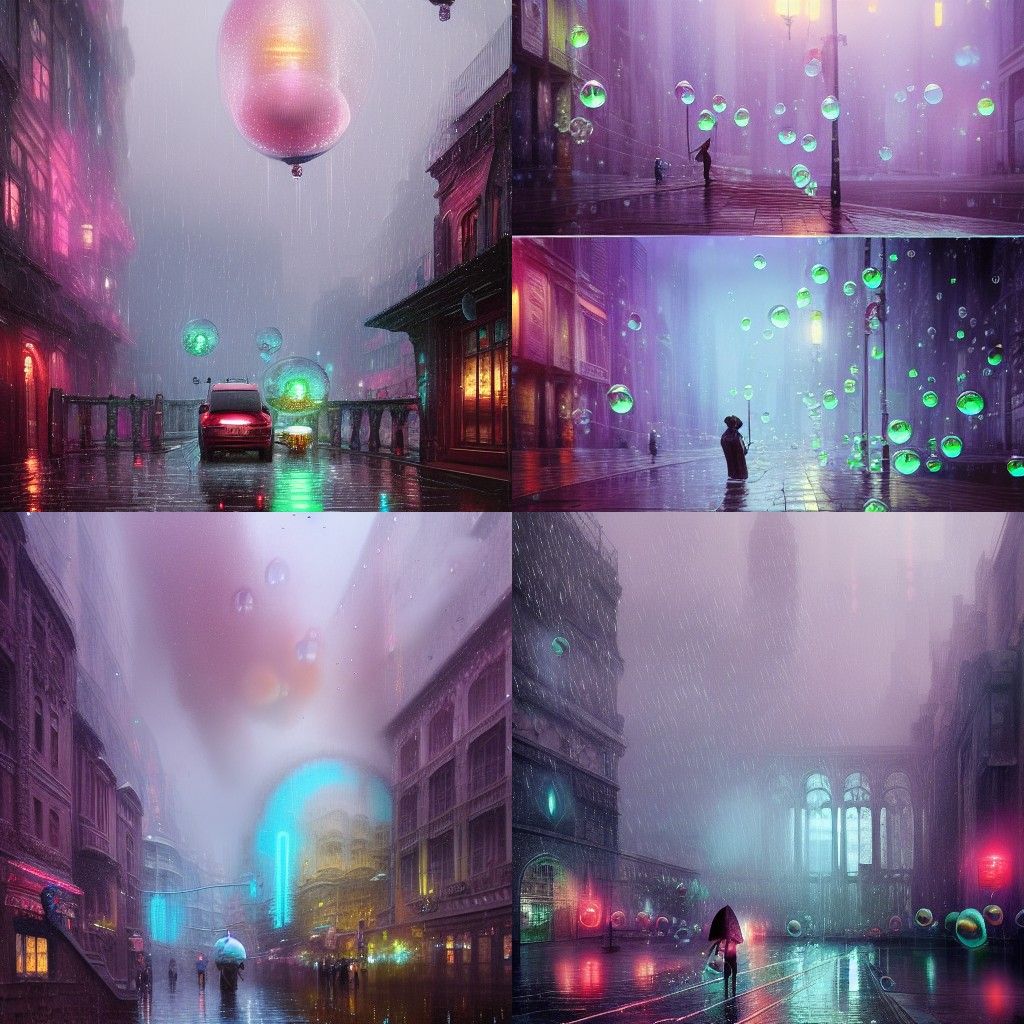 Rain Bubbles: Neon Fantasy Photorealistic Matte Painting