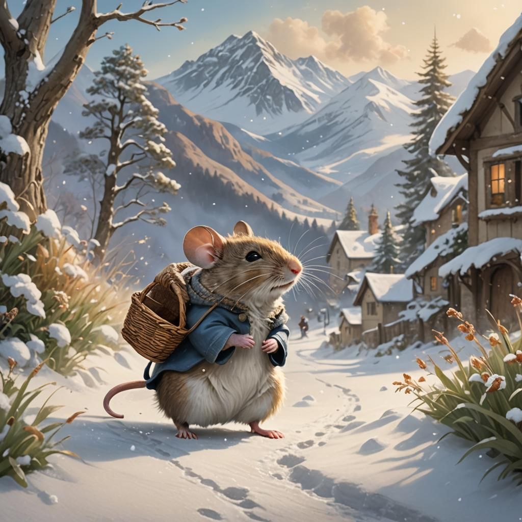Mouse's Snowy Journey: Whimsical Concept Art