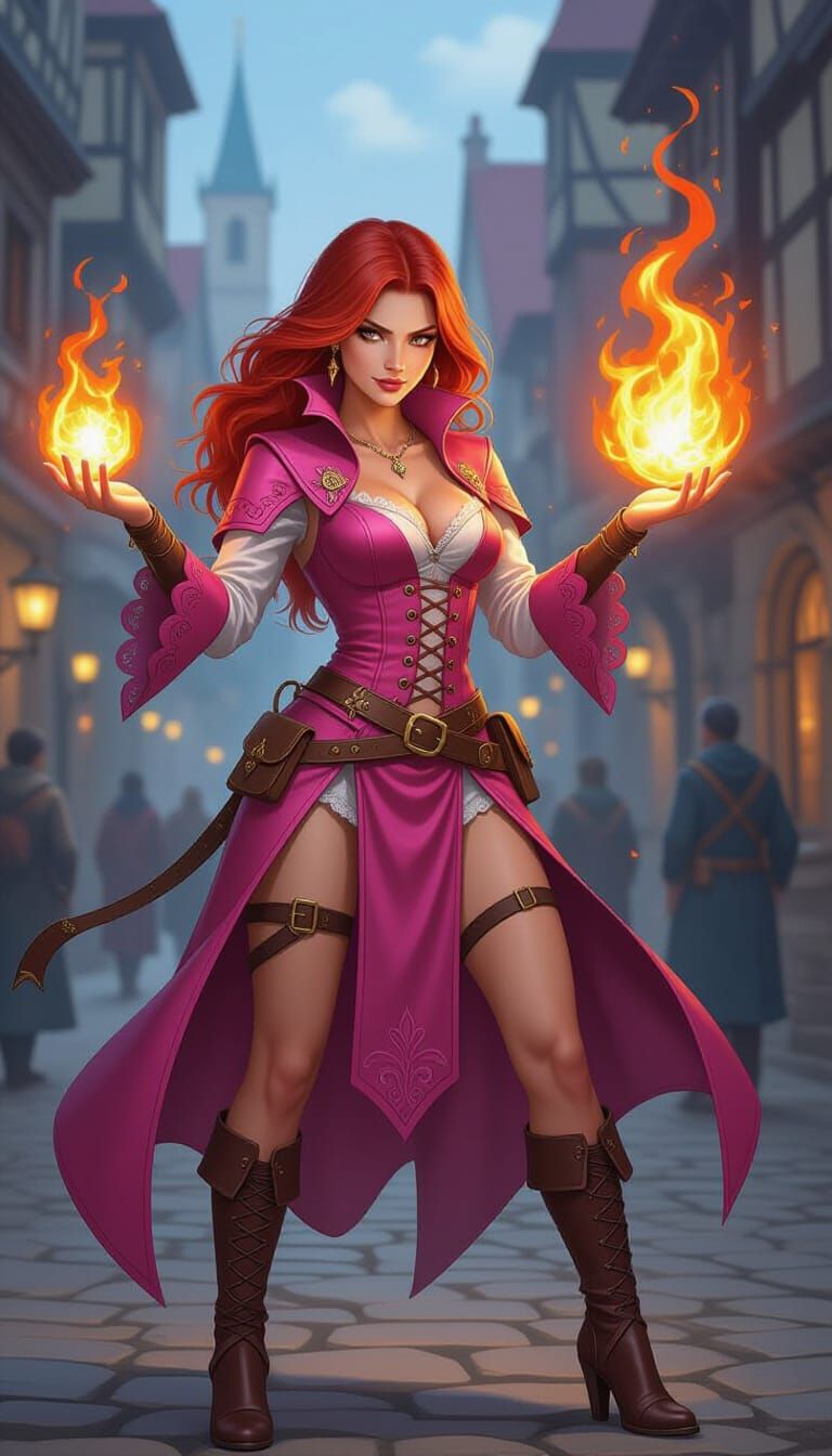 Red-Haired Sorceress Casts Fireball Spell in D&D Style
