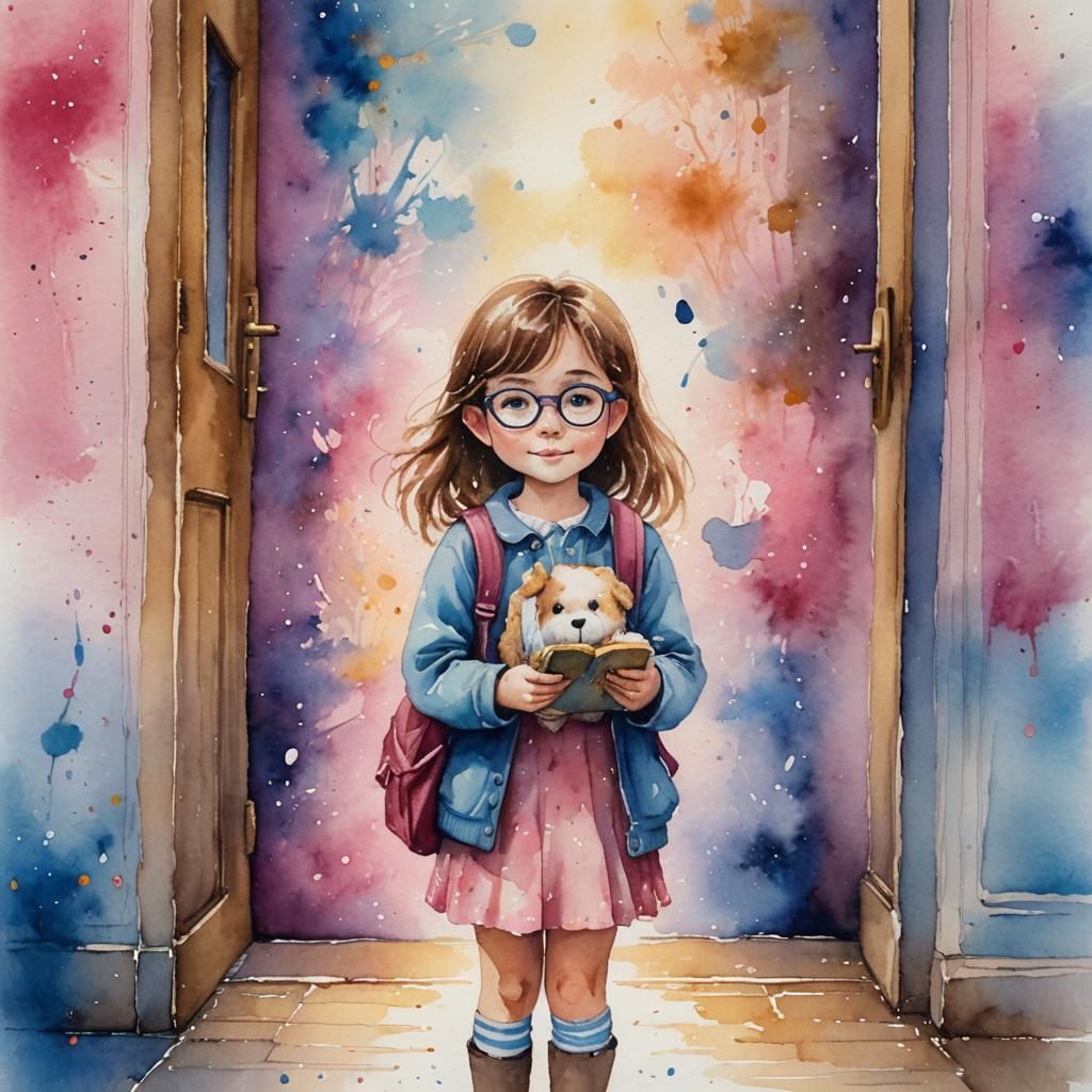 Whimsical Watercolour of Girl's First Day at School