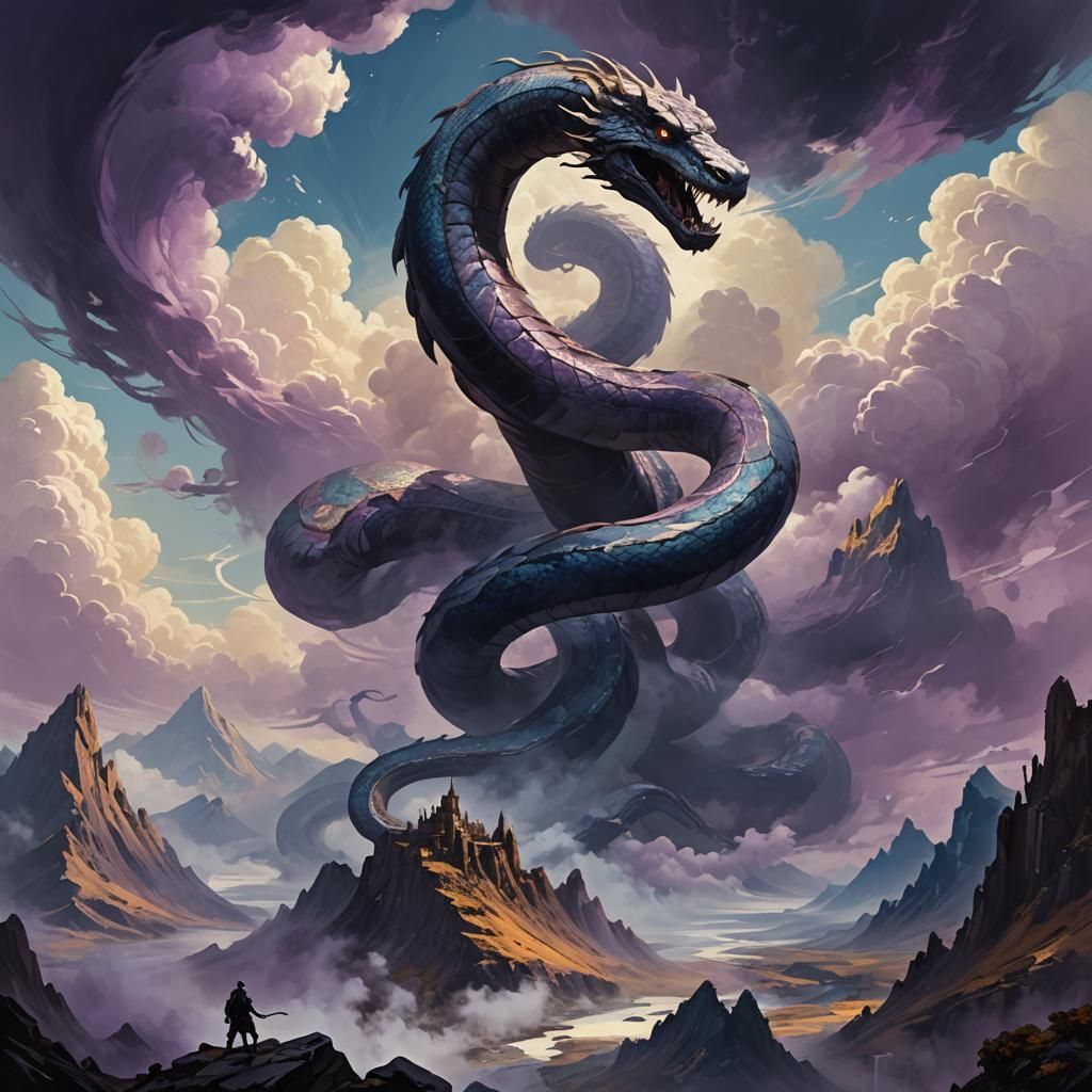 World Serpent in Surreal Fantasy Landscape