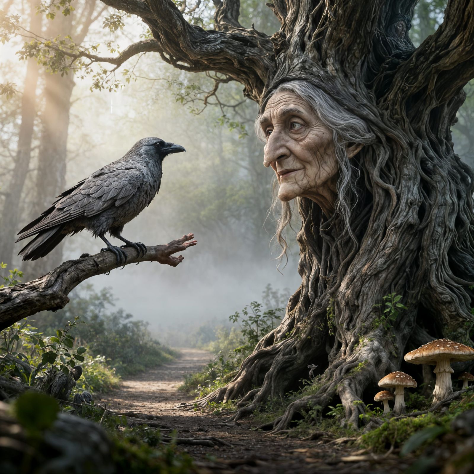 Ancient Crone Tree Chats with Raven in Mystical Forest