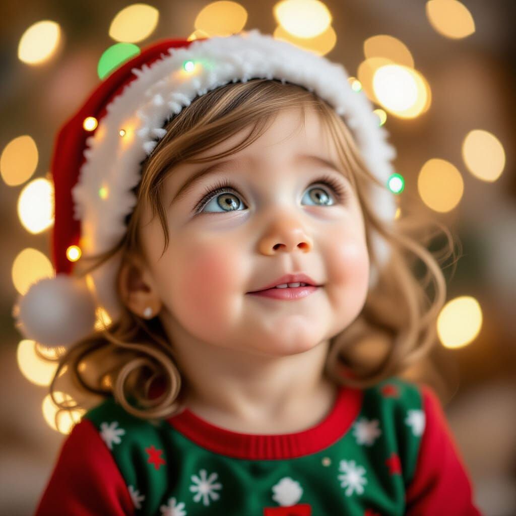 Photorealistic Toddler with Christmas Lights in Eyes