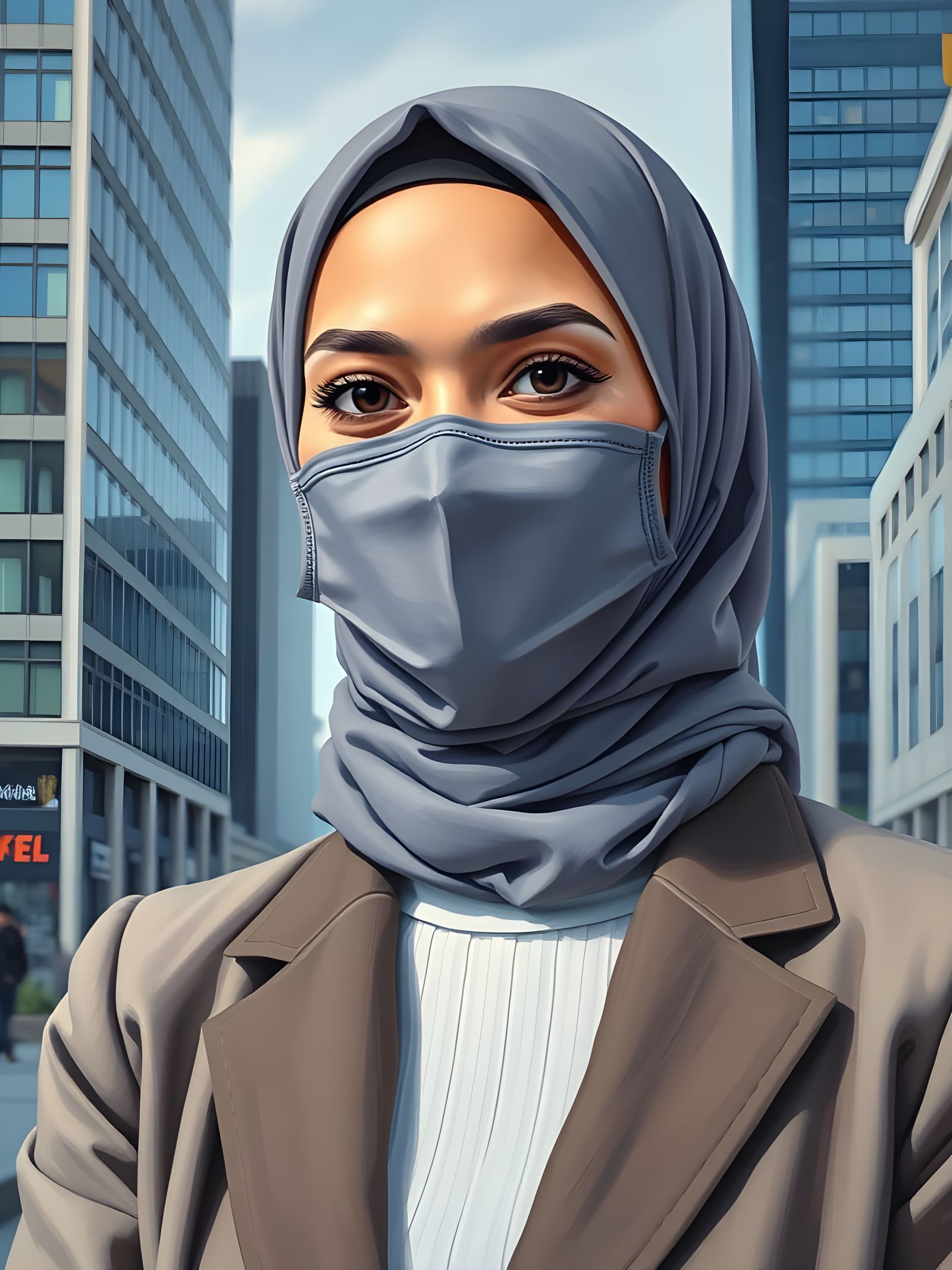 Modest Businesswoman in Modern Cityscape Oil Painting