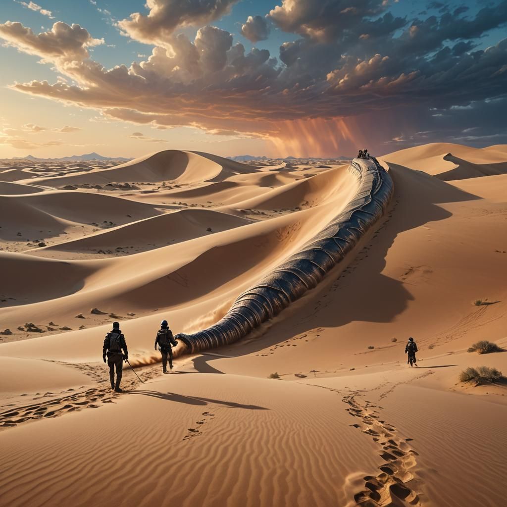 Paul Atreides and Chani Ride a Sandworm