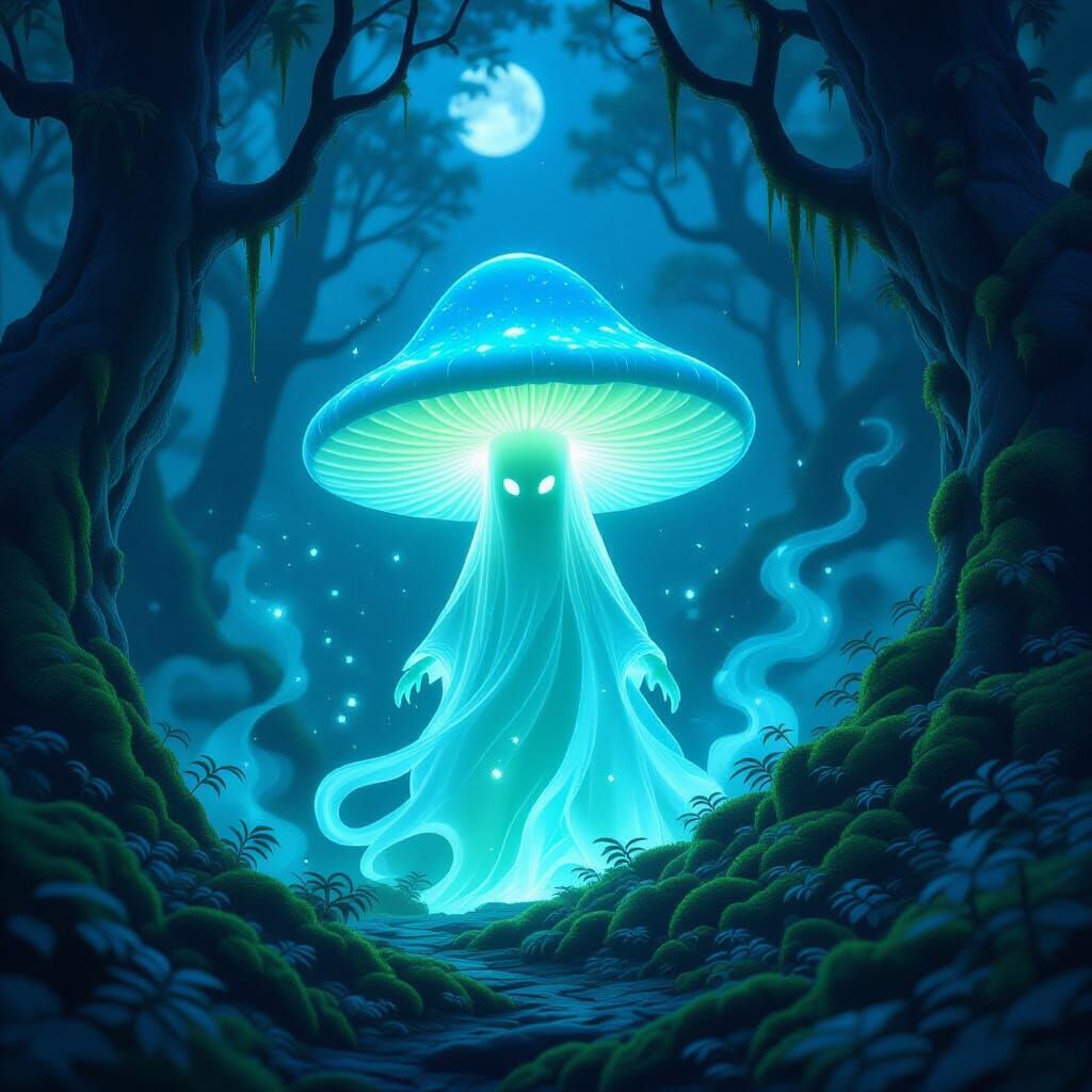Bioluminescent Mushroom Spirit in Ancient Forest