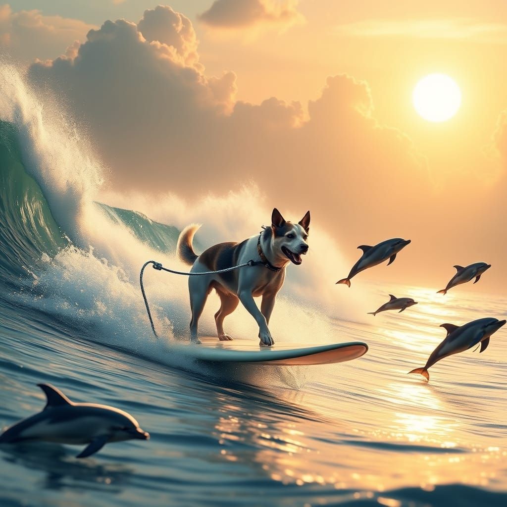 Surfing Dog Rides Wave with Leaping Dolphins in Ethereal Oce...