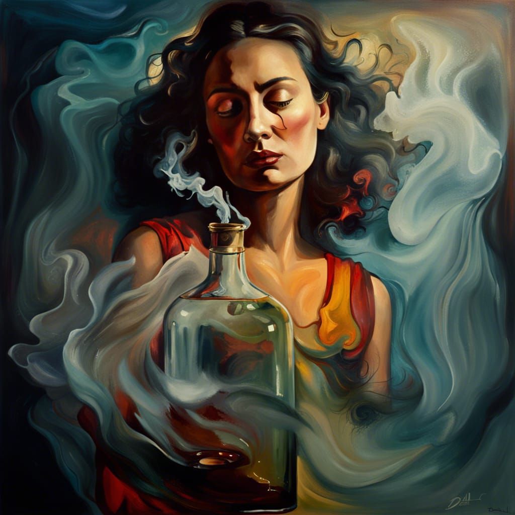 Dreamlike Femme Fatale Emerges from Smoke in Surreal Oil Pai...