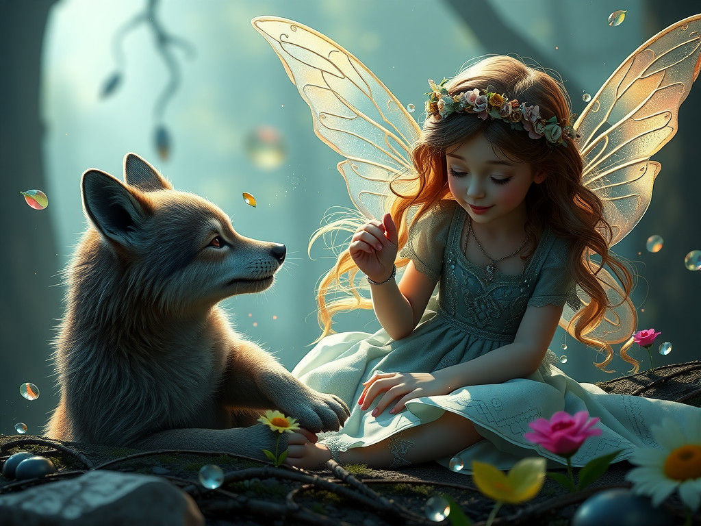 Enchanted Fairy Plays with Fanciful Wolf Cub in Vibrant Fant...