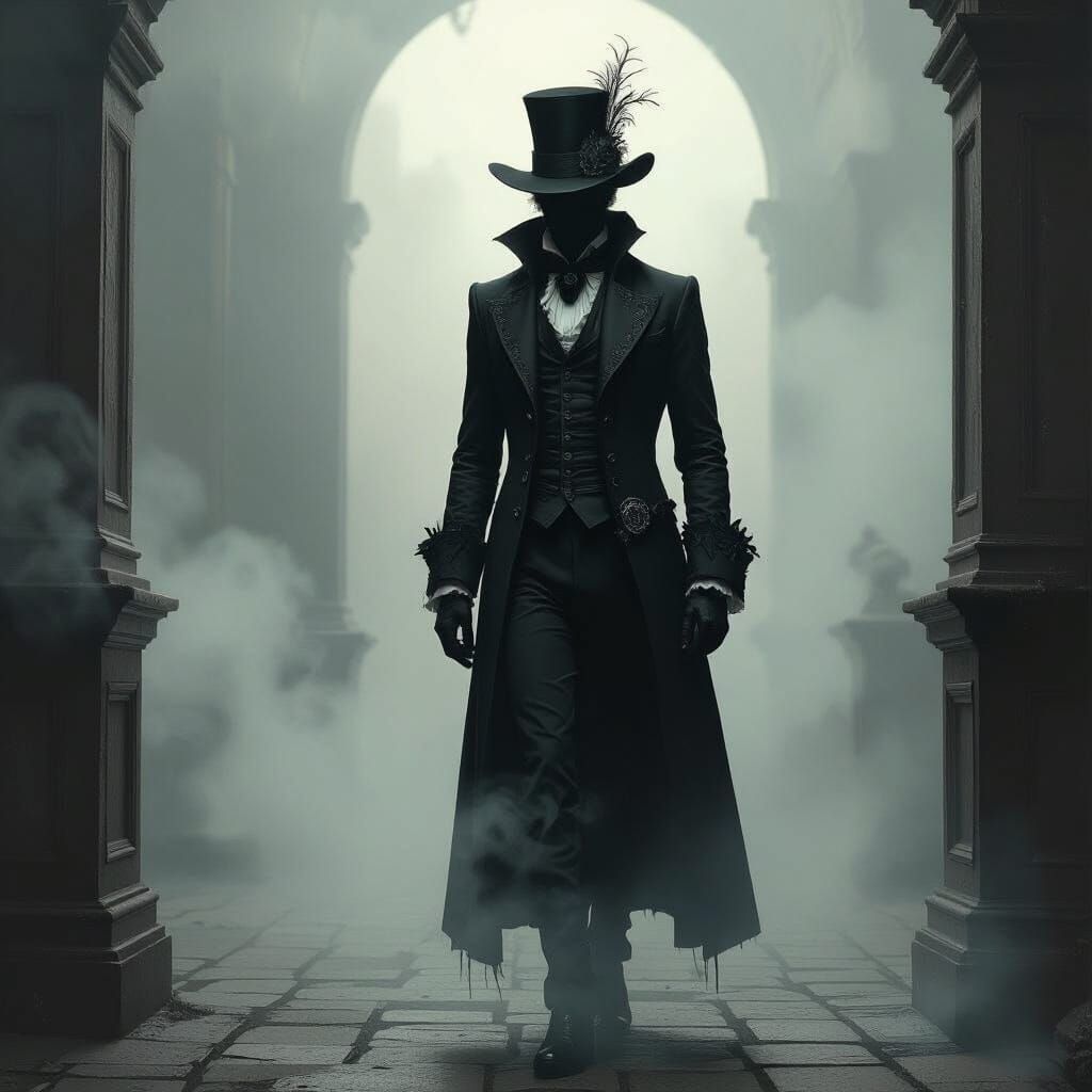 Menacing Victorian Figure in Dark Environment