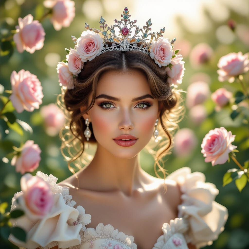 Regal Queen Amidst Swirling Roses in Chiaroscuro