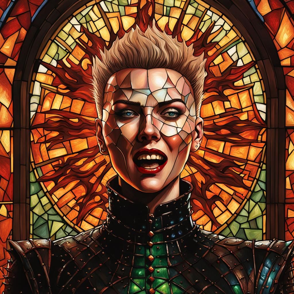 Female Pinhead Portrait with Spiked Face in Hellscape