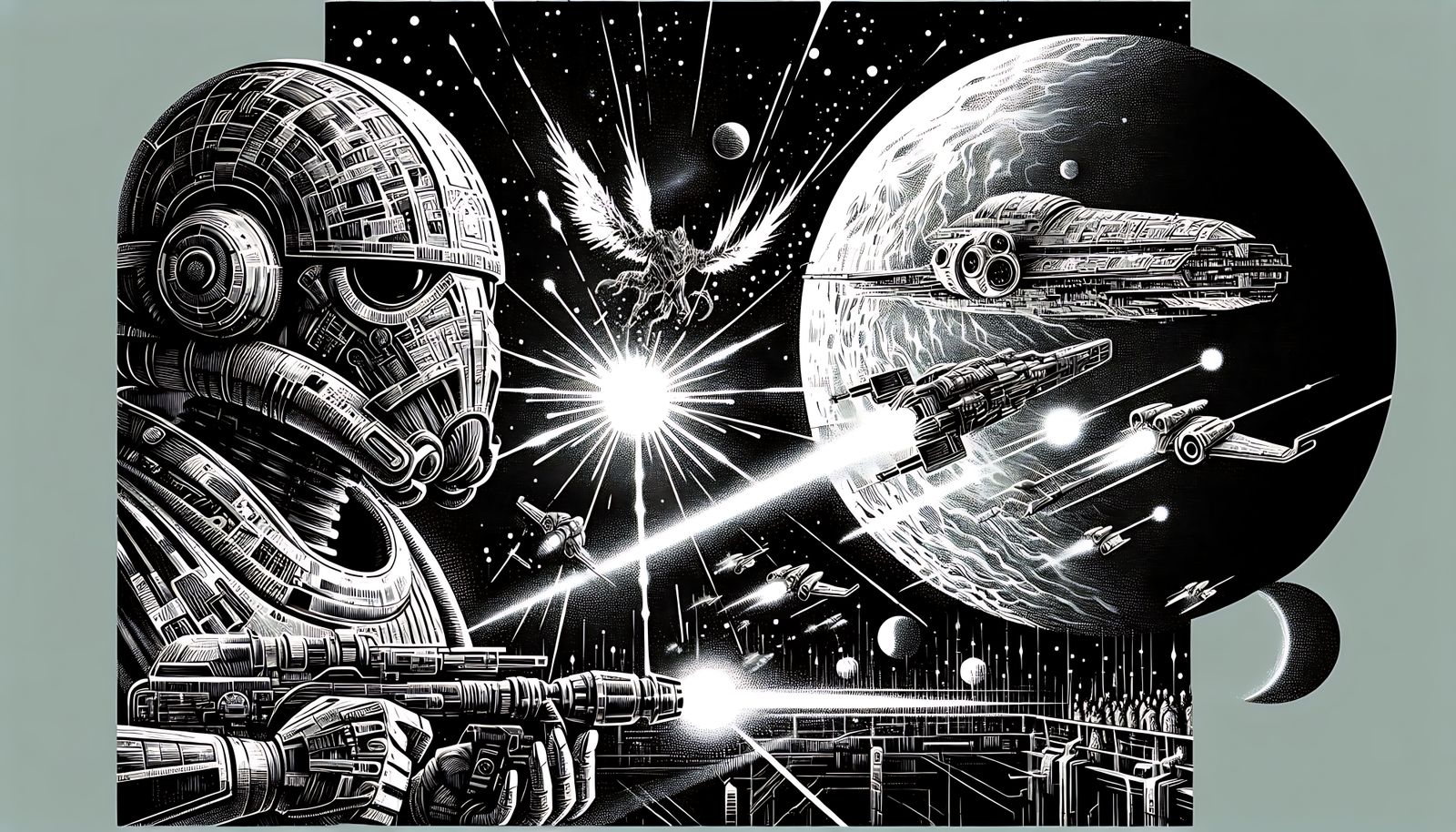 B&W Ink drawing of an intergalactic battle between two alien...