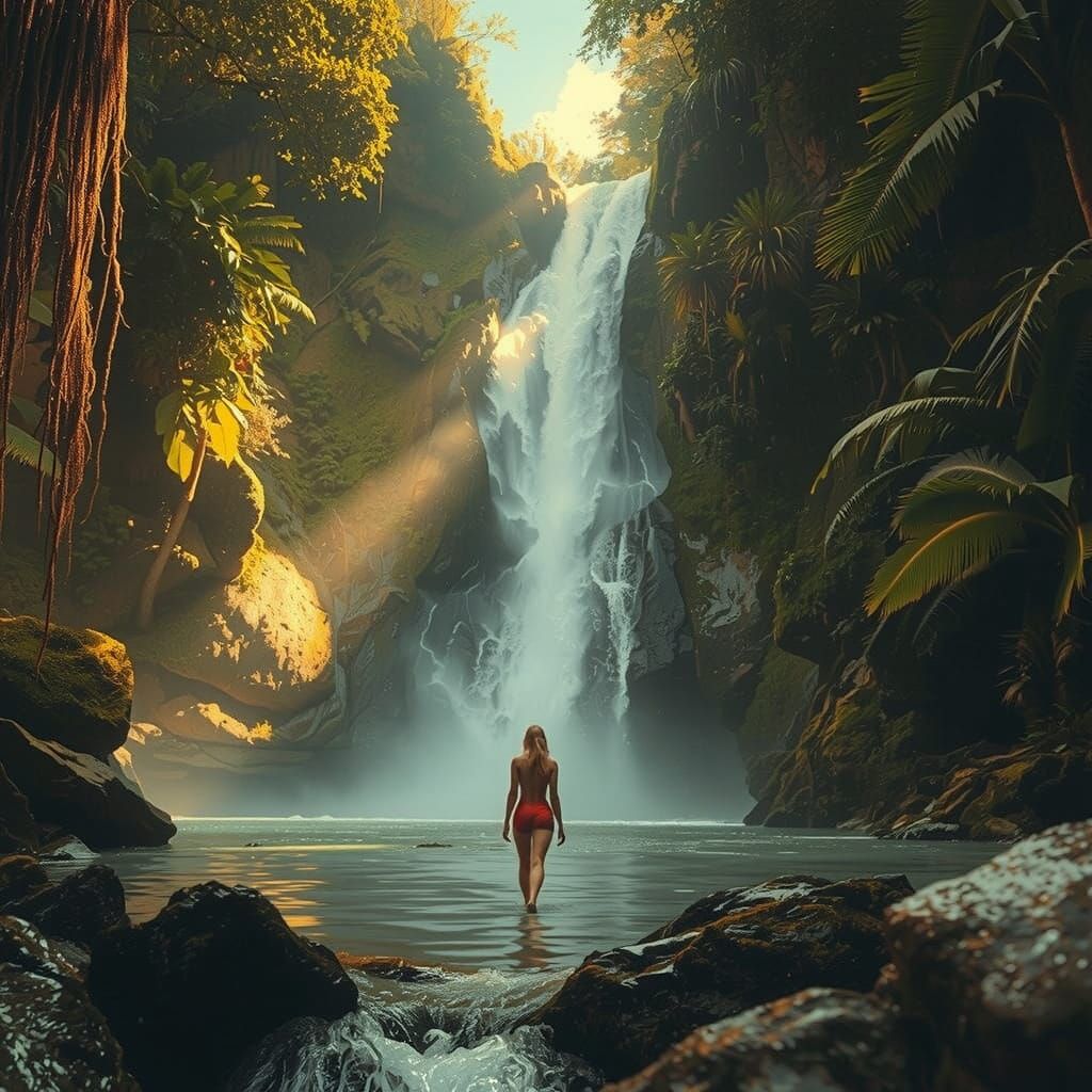 Lush Jungle Waterfall in Expressive Painting Style