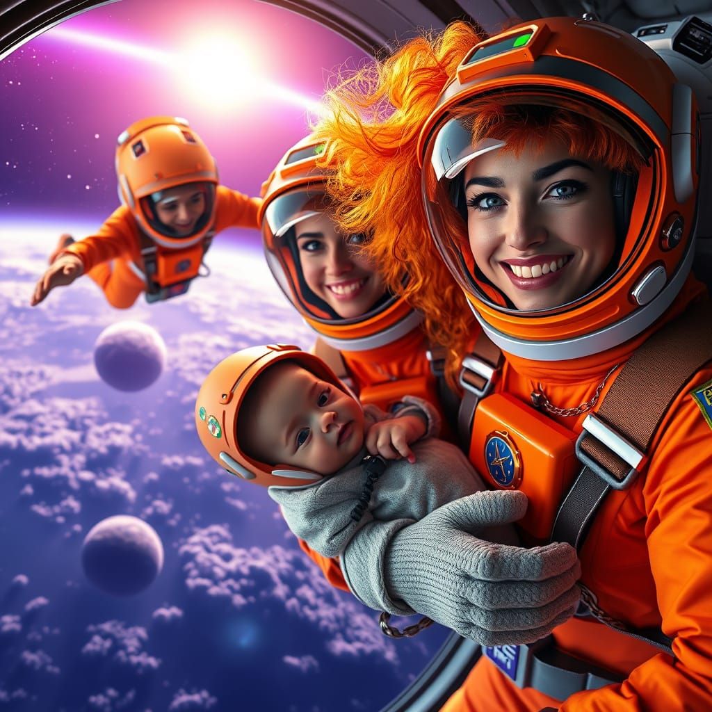 Astronauts in Vibrant Orange Suits Float Above Space Capsule
