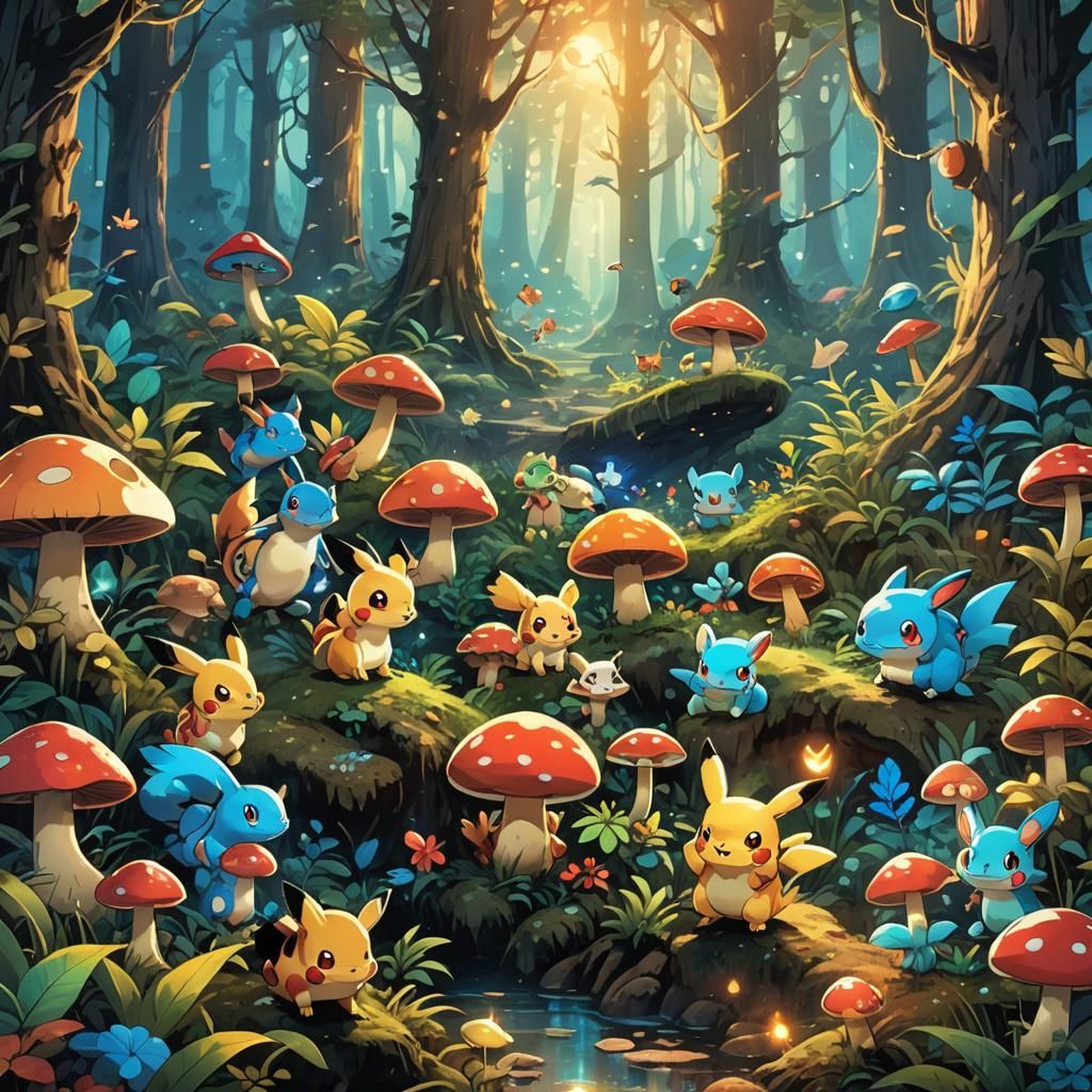 Pokemon Starters Unite in Dreamlike Forest