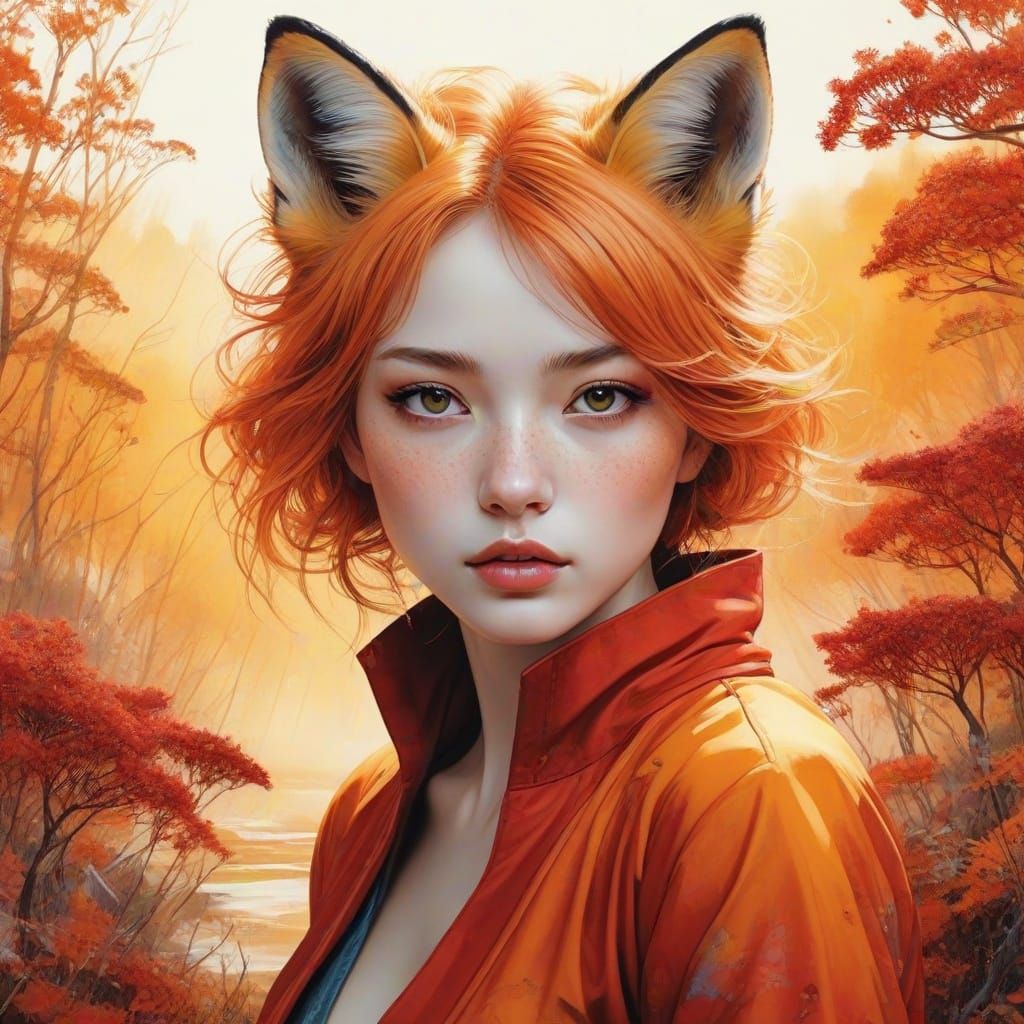 Red Fox in Autumn Grove: Digital Watercolor Art