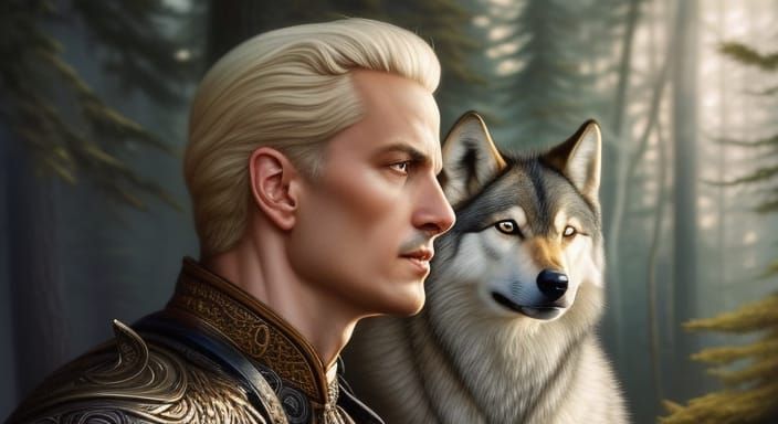 Man and Wolf: Detailed Digital Art Illustration