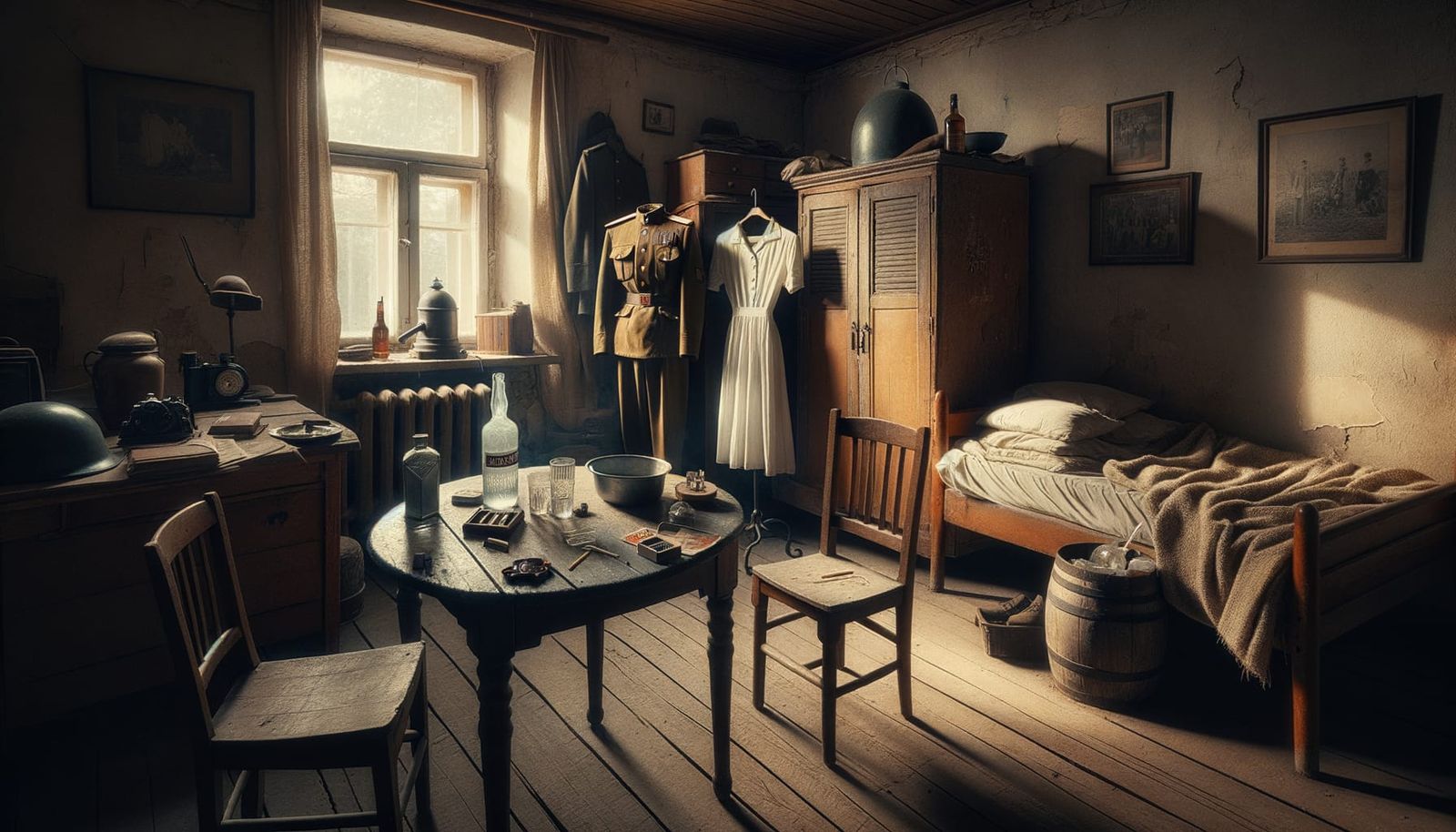 1940s Russian Officer's Bedroom: Cinematic Still