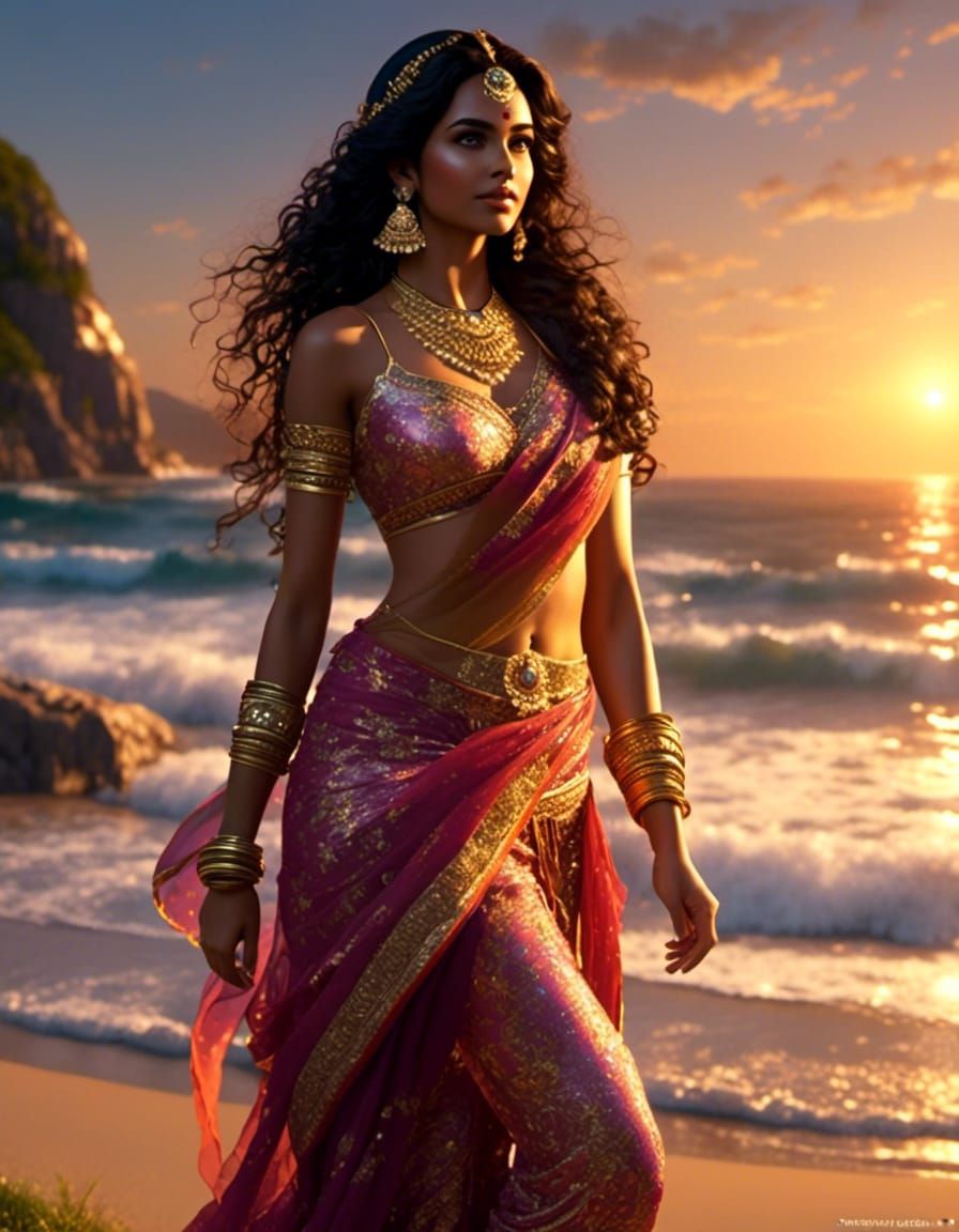 Indian Woman at Beach Sunrise, Kinkade Style