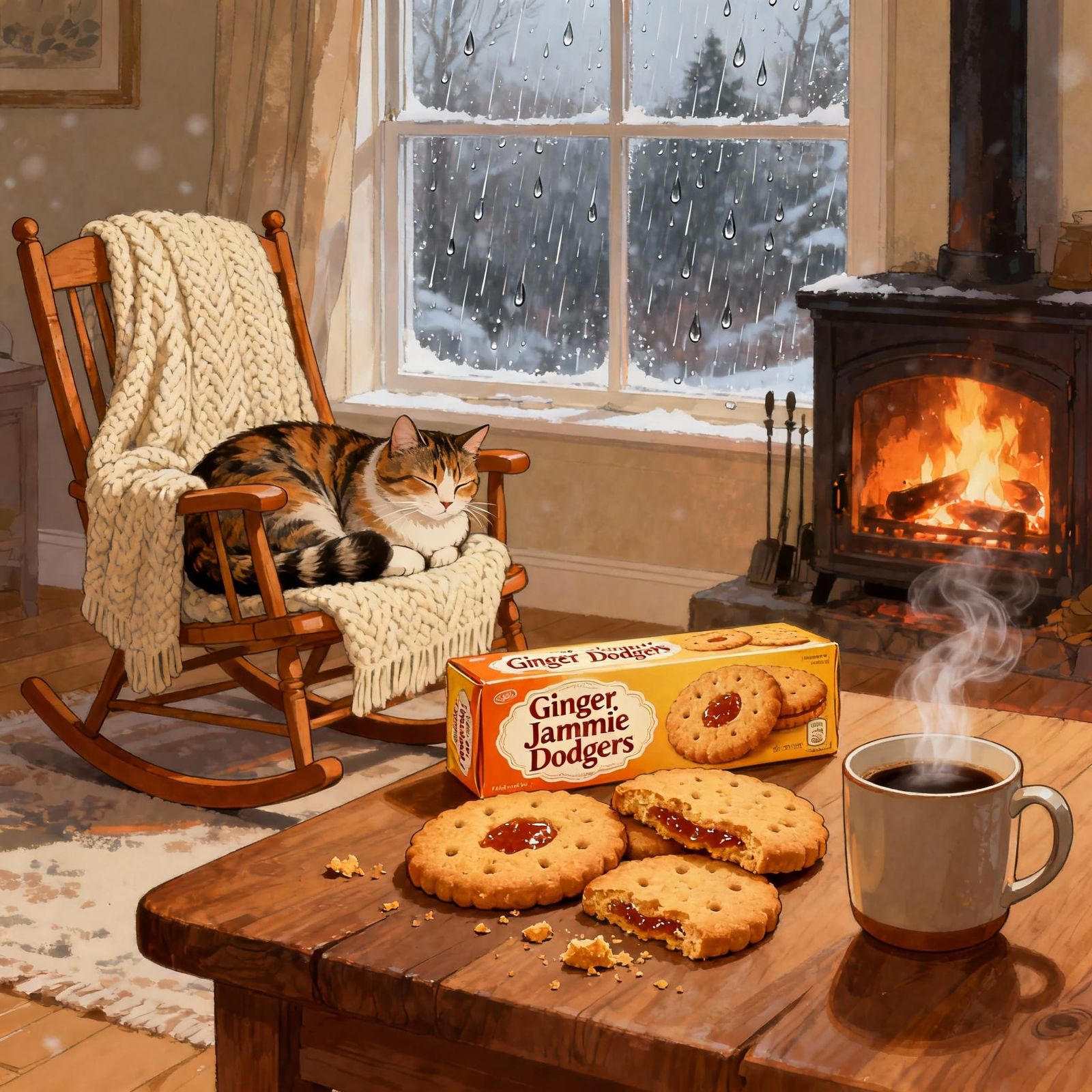 Cosy Winter Scene with Ginger Biscuits and Cat
