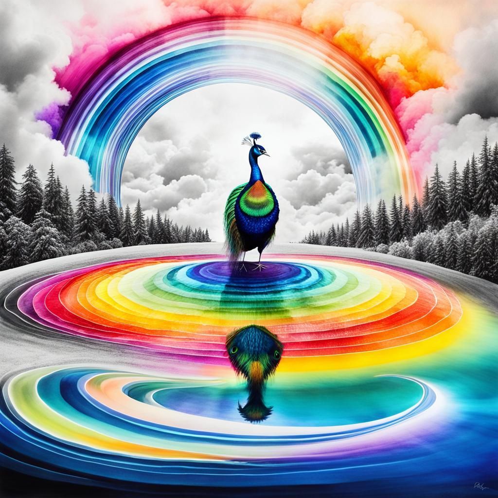 Luminous Rainbow Fairy Peacock in Whimsical Rayograph Style