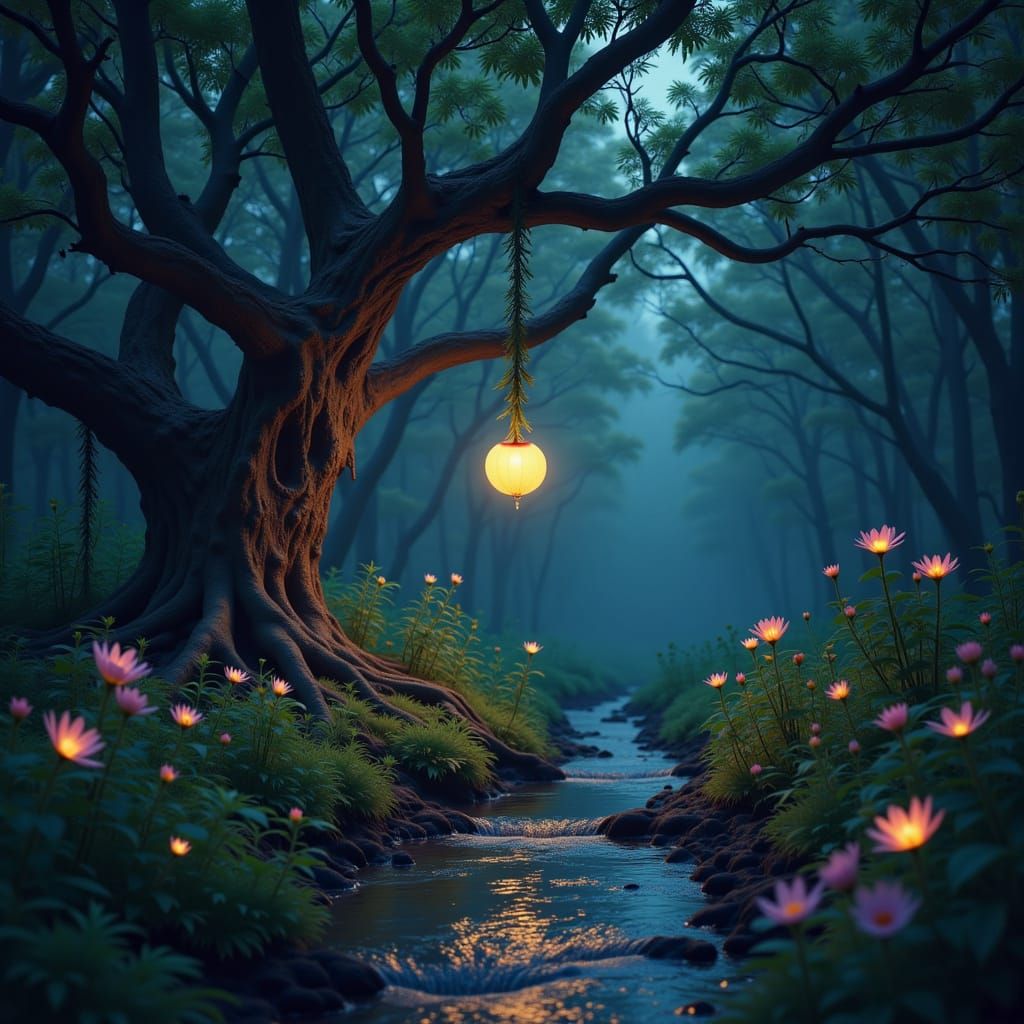 Enchanted Forest Clearing with Bioluminescent Flora and Forb...