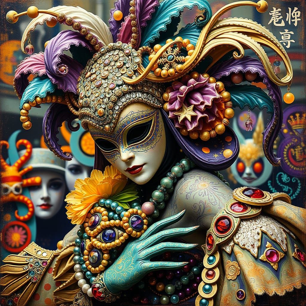 Masked dancer costume beads New Orleans Mardi gras festival illusory impasto oil gilt encaustic Yayoi Kusama Alphonse Mu...