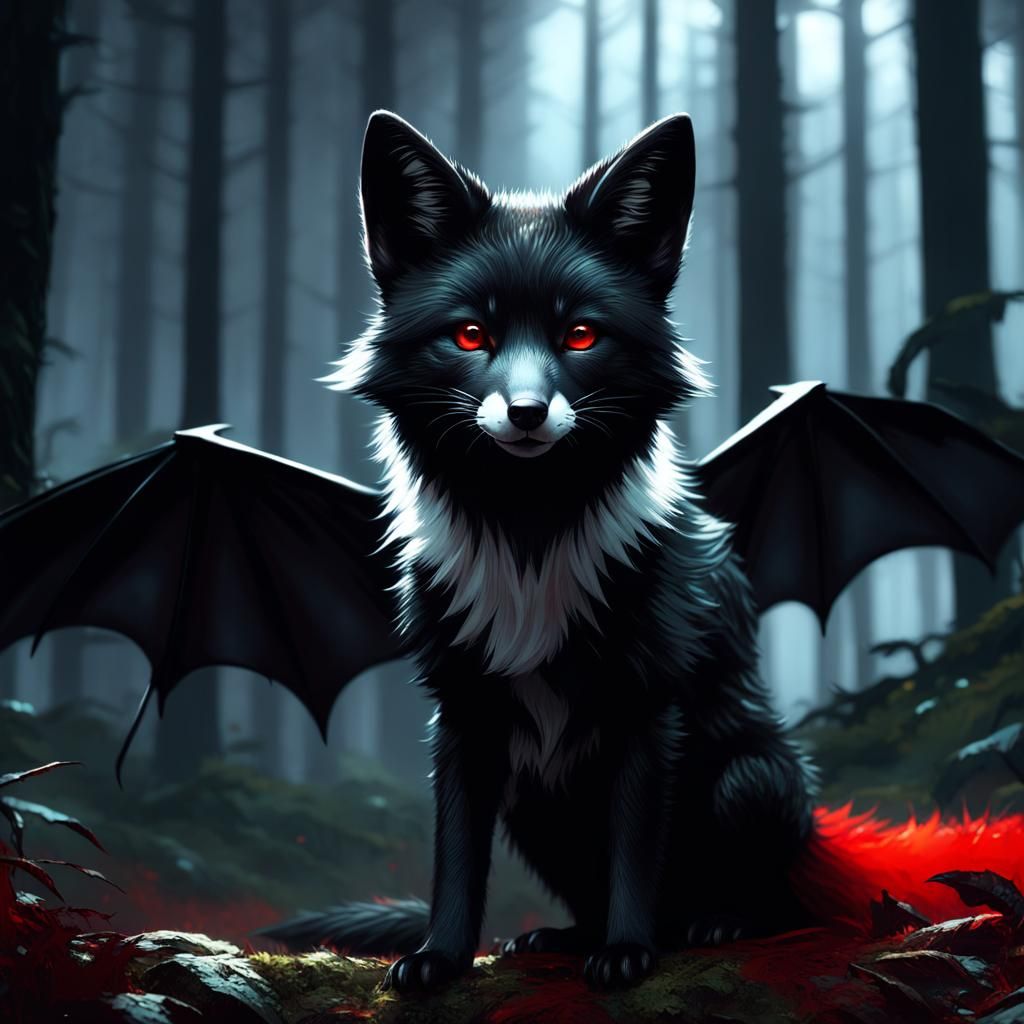 Fox with Bat Wings in Dark Forest, Digital Art
