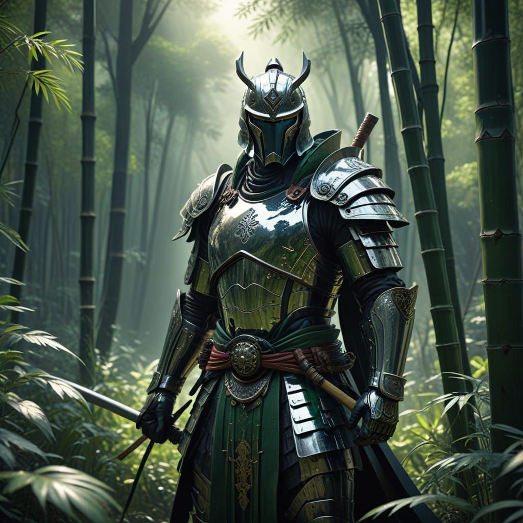 Surreal Chrome Samurai Amidst Lush Bamboo
