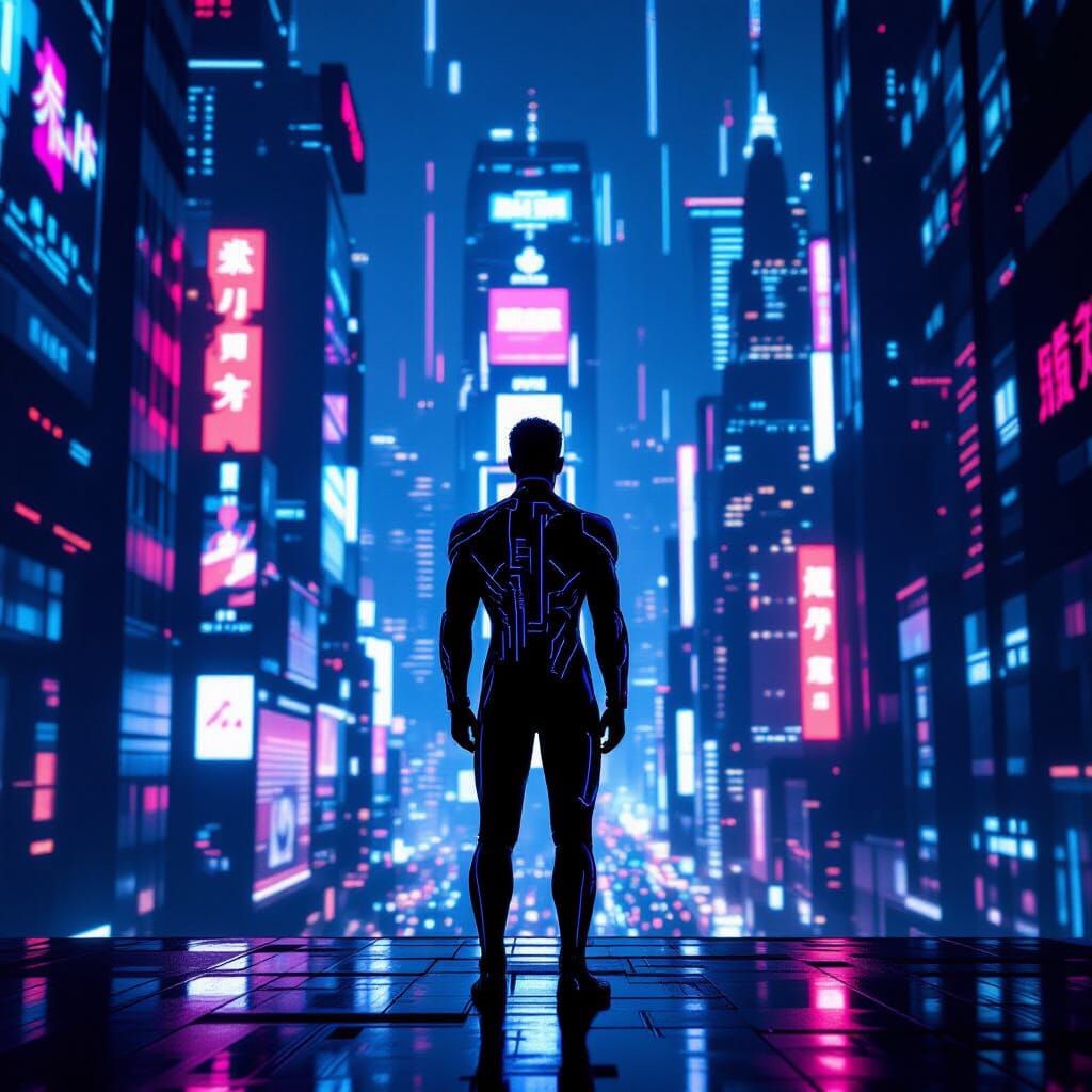 Cyberpunk Solitude at Neon Metropolis Precipice