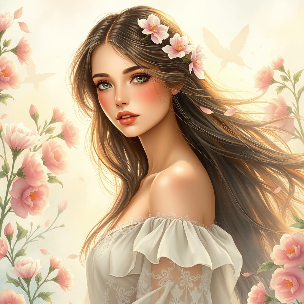Elegant Woman Surrounded by Flowers in Art Nouveau Style