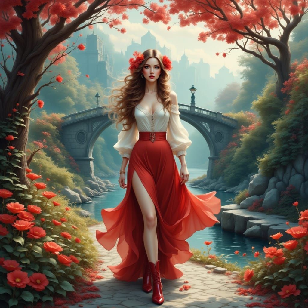 Ethereal Woman on Fairytale Road in Jewel Tones