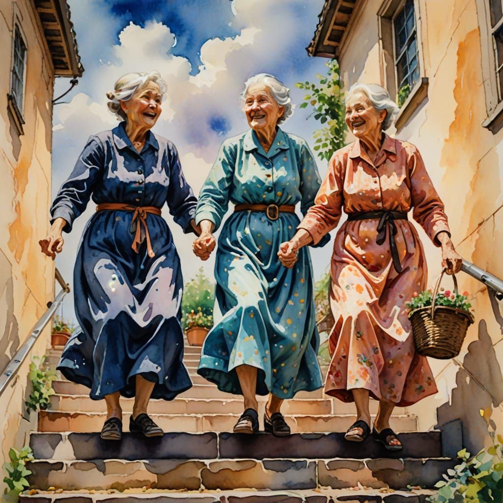 Three Elderly Women Ascend in Vibrant Gouache Epic