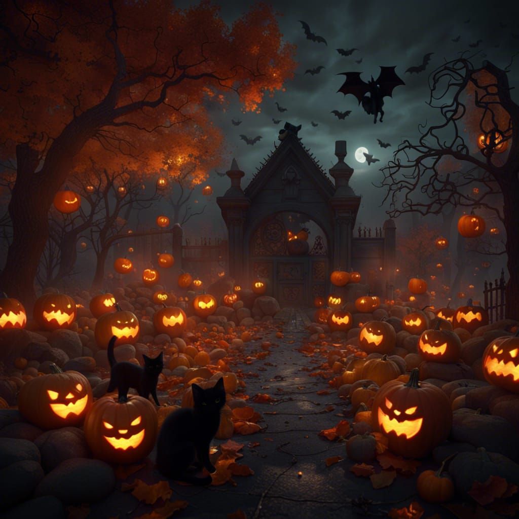 Spooky Halloween Graveyard with Jack-o-Lanterns and Bats
