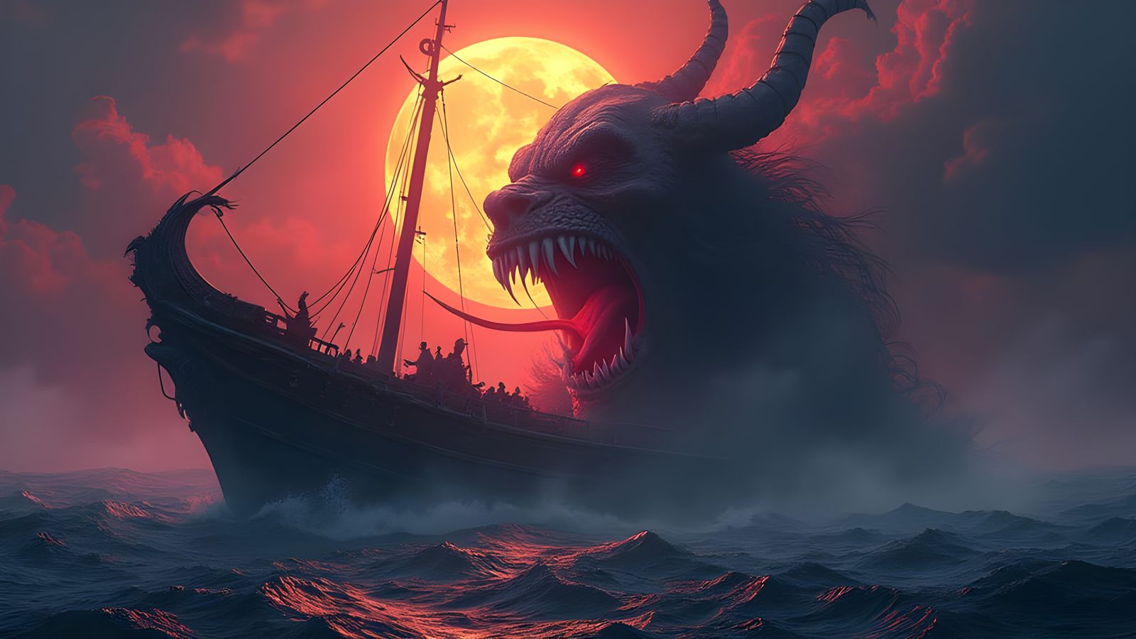 Ghostly Vessel Ablaze on Turbulent Sea, Consumed by Darkness