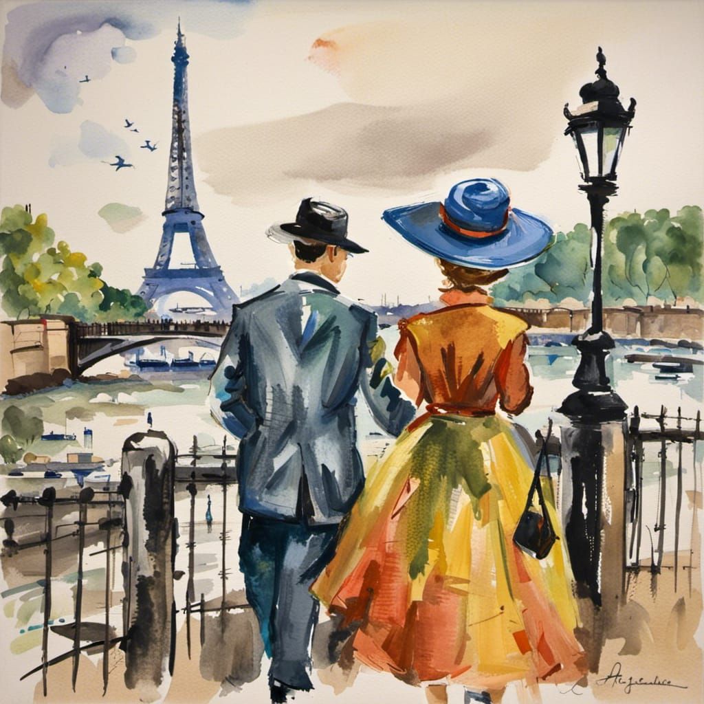 Couple Strolling by the Seine in Impasto Gouache