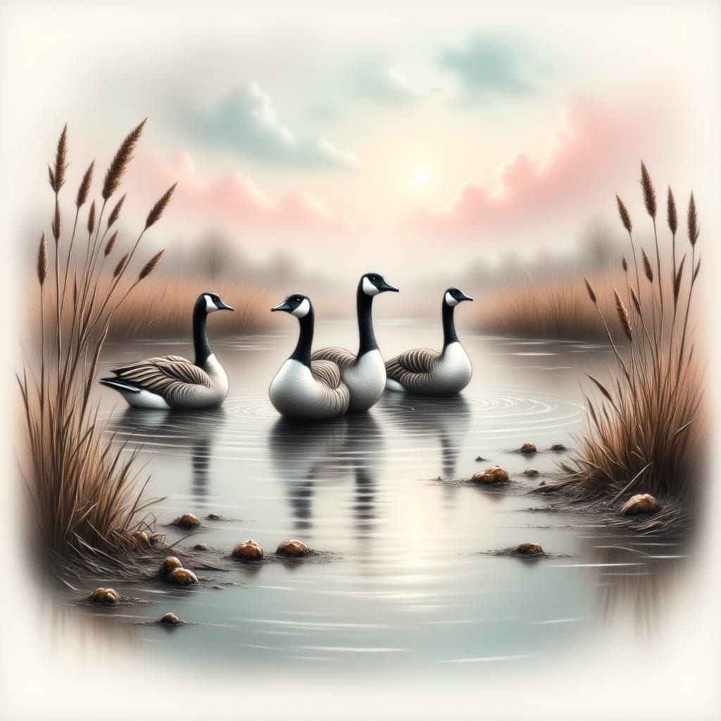 Whimsical Canadian Geese in Pastel Etching